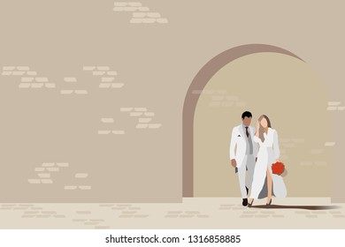 vector wedding couple standing on brown brick wall