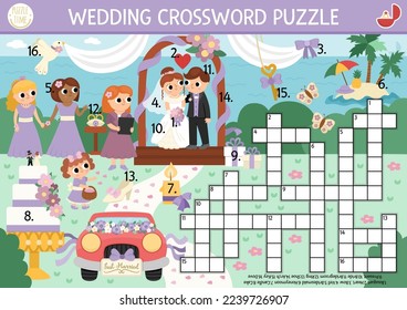 Vector wedding crossword puzzle for kids. Simple quiz with marriage ceremony landscape for children. Educational activity with bride, groom, guests, cake. Cute cross word with matrimony holiday scene
