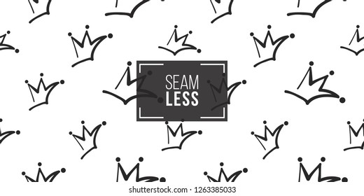Vector wedding crown seamless pattern background. Black outline hand drawn crown illustrations. Simple fashionable backdrop for invitation and wedding decoration design.
