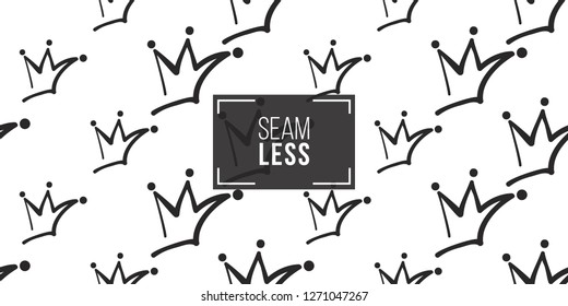 Vector wedding crown seamless pattern background. Black outline hand drawn crown illustrations. Simple fashionable backdrop for invitation and wedding decoration design.