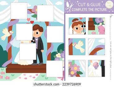 Vector wedding cut and glue activity. Crafting game with marriage scene, bride and groom under the arch. Printable worksheet for children. Find the right piece of the puzzle. Complete the picture
