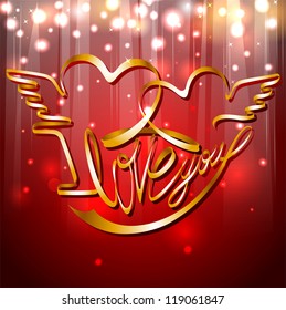 Vector Wedding day or invitation card: gold band - inscription I love you with hearts and wings on the red shiny background  (see jpg version in my portfolio)