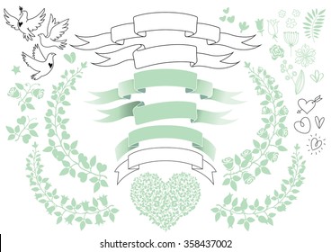 vector wedding decor, flower wreath, dove, heart, ribbons
