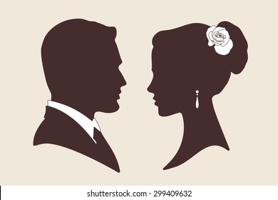 Vector wedding design silhouettes of groom and bride 