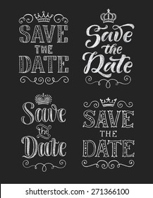 Vector wedding design template with ornate elements on blackboard. Save the Date, set of calligraphy inscriptions. Lettering poster, card or invitation. Chalk typographic collection