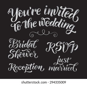 Vector wedding design template with ornate elements on blackboard. Set of calligraphy inscriptions: You're invited to the wedding, Bridal Shower, Reception, RSVP, just married. Chalk lettering