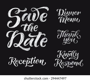 Vector wedding design template with ornate elements on blackboard. Set of calligraphy inscriptions: Save the Date, Dinner Menu, Thank you, Reception, Kindly Respond. Chalk lettering