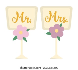 Vector wedding dining table plates with Mr. and Mrs. Inscription. Cute marriage symbol clipart element for bride and groom. Just married couple banquet decoration. Cartoon ceremony illustration
