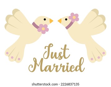 Vector wedding doves with flowers and just married inscription. Cute marriage clipart element. Newly married couple birds. Cartoon ceremony symbol illustration
