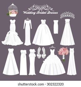 Vector wedding dresses in different styles.Fashion bride Dress. White dress, accessories set. 