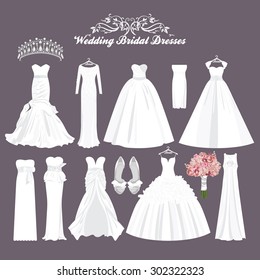 Vector wedding dresses in different styles.Fashion bride Dress. White dress, accessories set.  svg