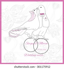 Vector wedding element of kissing doves with rings on floral background. Bride and groom.