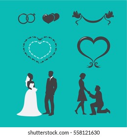 Vector wedding elements for invitation with silhouettes
