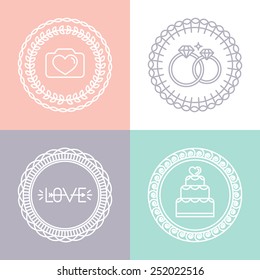 Vector wedding and engagement line logos and icons - linear design elements for invitations and greeting cards - circle badges 