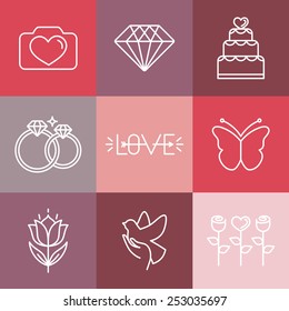 Vector wedding and engagement line logos and icons - linear design elements for invitations and greeting cards