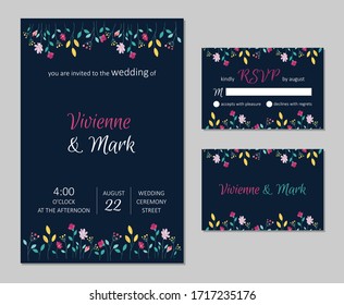 Vector wedding floral invitation. Rsvp card design set. Invitation card with floral pattern. 