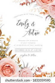 Vector wedding floral invite card design in warm fall, winter tones. Pink, blush peach Rose flowers, taupe, brown beige, orange cream autumn Eucalyptus branch, succulent leaves, fern. Stylish template