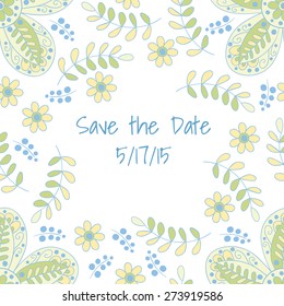 Vector wedding flower invitation.  Doodle flower green frame.
