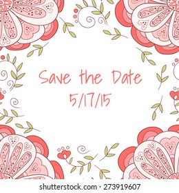 Vector wedding flower invitation.  Doodle pink flower frame.
