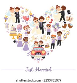 Vector wedding frame with just married couple. Marriage ceremony card template framed in heart shape. Cute matrimonial illustration with bride, groom, bridesmaids, bridegroom, cake, rings
