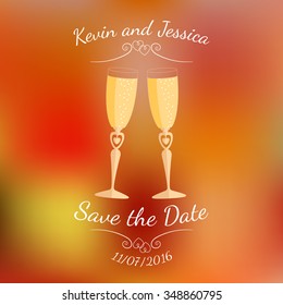 Vector wedding glasses with champagne over abstract colorful blurred vector background. Element for wedding designs, website, logo, and other. Greeting card template, Save the Date.