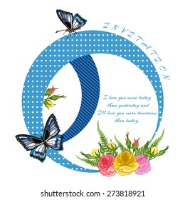 Vector. Wedding/ greeting card in a decorative circle with flowers and butterfly.