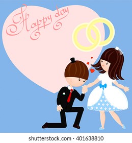 Vector wedding greeting card or invitation. Wedding rings and kiss the hand. An offer of marriage.. Couple in love bride and groom in a cartoon style.