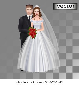 Vector, wedding, groom, bride, brown hair dark hair color, brown eyes, in wedding dress, couple married, 3D, mesh, realistic illustration.