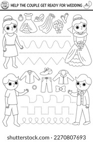 Vector wedding handwriting practice worksheet with bride and groom and clothes. Tracing game or black and white coloring page for writing skills. Help the couple get ready for marriage
