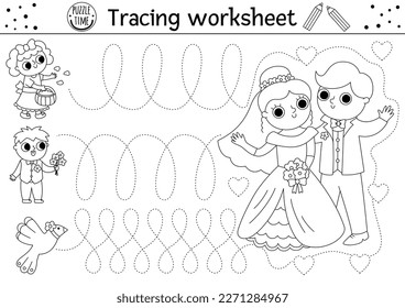 Vector wedding handwriting practice worksheet. Marriage ceremony printable black and white activity for preschool kids. Tracing game for writing skills. Coloring page with bride, groom and guests
