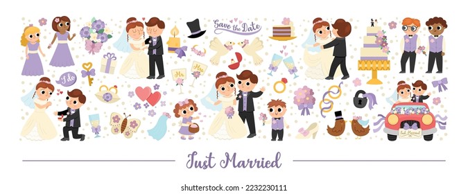 Vector wedding horizontal set with just married couple. Marriage ceremony card template for banners, invitations. Cute matrimonial illustration with bride, groom, bridesmaids, bridegroom, cake, rings
