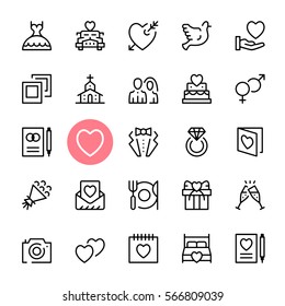 Vector wedding icons set. Premium quality graphic design. Marriage concepts. Modern signs, trendy symbols collection, simple thin line icons set for websites, web design, mobile app, infographics