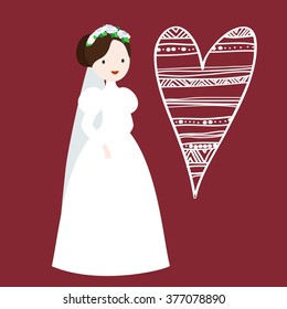 Vector wedding illustration with cute bride and heart