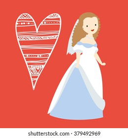 Vector wedding illustration with cute bride and heart