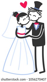 Vector wedding illustration of cute stick figures bridal couple standing and kissing isolated on white background, wedding invitation template