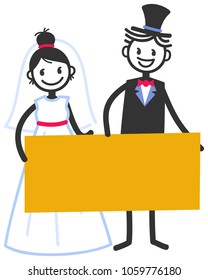 Vector wedding illustration of cute stick figures bridal couple holding blank yellow sign isolated on white background, wedding invitation template