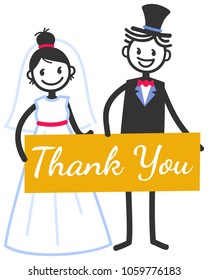 Vector wedding illustration of cute stick figures bridal couple holding yellow sign Thank you isolated on white background, wedding invitation template