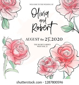 Vector Wedding Illustration. Decorated Invitation With Watercolor Rose. Garden Plants Art Poster. Flourish Color Flowers