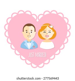 Vector wedding illustration with happy bride and groom