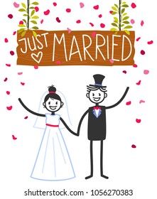 Vector wedding illustration of happy stick figures bridal couple, rose petals falling down and wooden board Just married isolated on white background, wedding invitation template