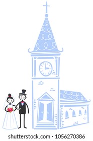 Vector wedding illustration of happy stick figures bridal couple standing in front of Church isolated on white background, wedding invitation template