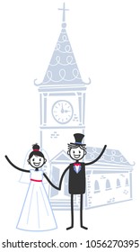 Vector wedding illustration of happy stick figures bridal couple standing in front of Church waving isolated on white background, wedding invitation template