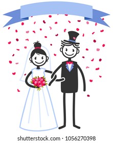 Vector wedding illustration of happy stick figures bridal couple standing with rose petals falling down and blue banner for your text isolated on white background, wedding invitation template