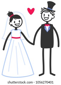 Vector wedding illustration of happy stick figures bridal couple holding hands looking at each other isolated on white background, wedding invitation template
