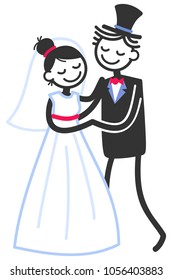 Vector wedding illustration of happy stick figures newlyweds dancing isolated on white background, wedding invitation template