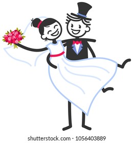 Vector wedding illustration of happy stick figures groom carrying bride isolated on white background, wedding invitation template