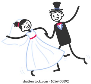 Vector wedding illustration of happy stick figures newlyweds dancing wildly isolated on white background, wedding invitation template