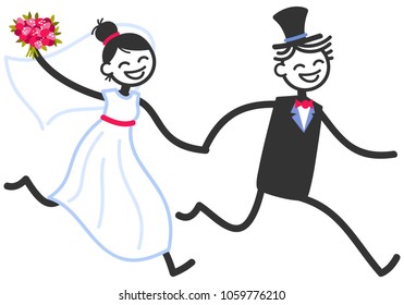 Vector wedding illustration of happy stick figures bridal couple holding hands running isolated on white background, wedding invitation template