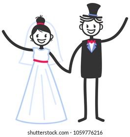 Vector wedding illustration of happy stick figures bridal couple holding hands and waving isolated on white background, wedding invitation template