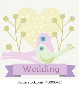 Vector wedding illustration of two doves sitting on a heart, Wedding doves Love, wedding backgrounds, Cute birds of the world, pigeons